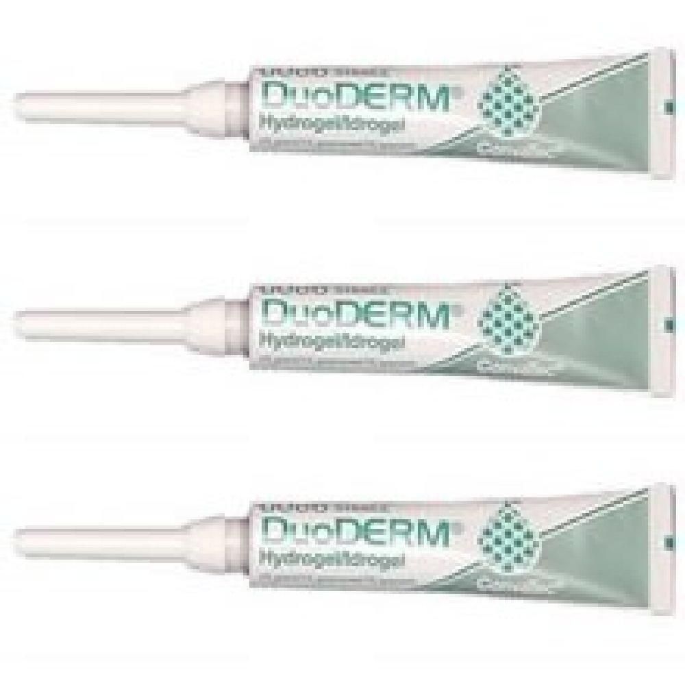 Tre tubi di DuoDERM Hydrogel con applicatore. Applicatore bianco, confezione verde e bianca.