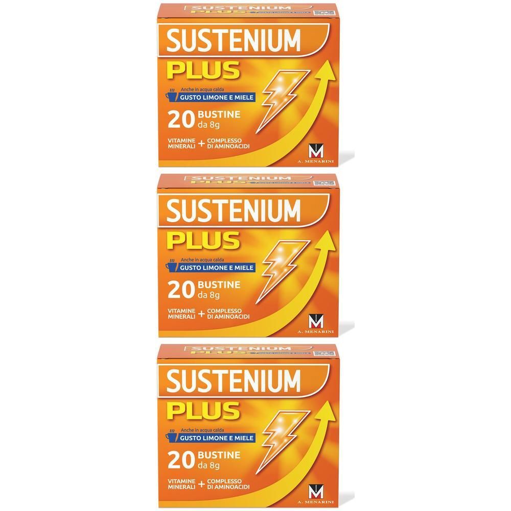 Tre confezioni di Sustenium Plus da 20 bustine, gusto limone e miele.