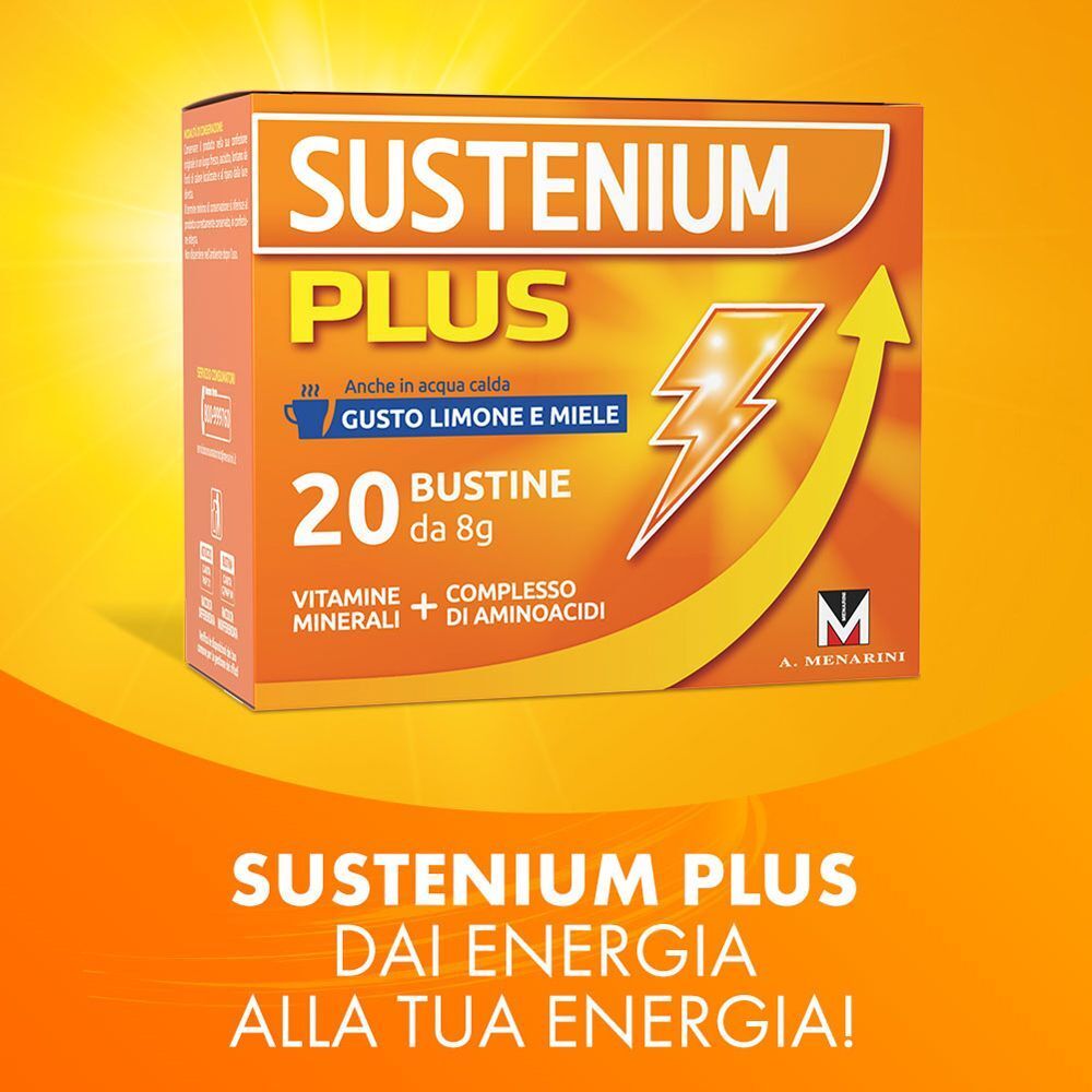 Confezione Sustenium Plus 20 bustine, gusto limone e miele, per l'energia.