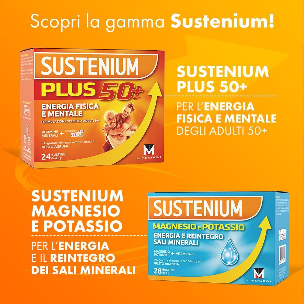 Sustenium Plus 50+ per l'energia, Sustenium Magnesio e Potassio per i minerali.