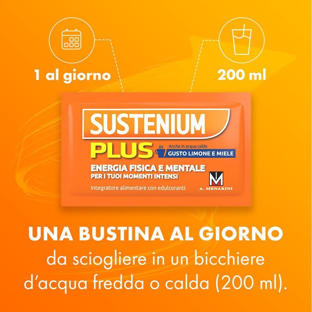 Bustina Sustenium Plus, limone e miele, sciogliere 1 bustina al giorno in 200 ml d'acqua.