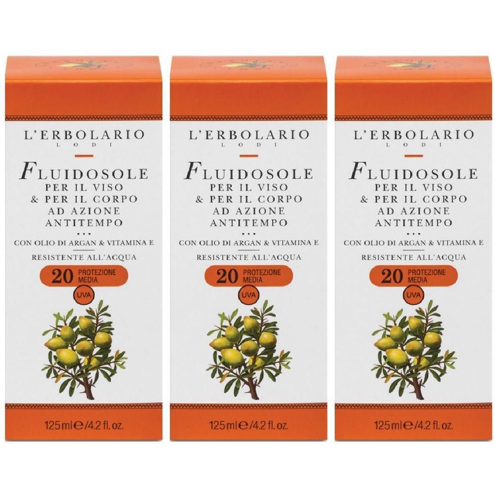 Tre confezioni di L'Erbolario Fluidosole fluido solare SPF 20 per viso e corpo.