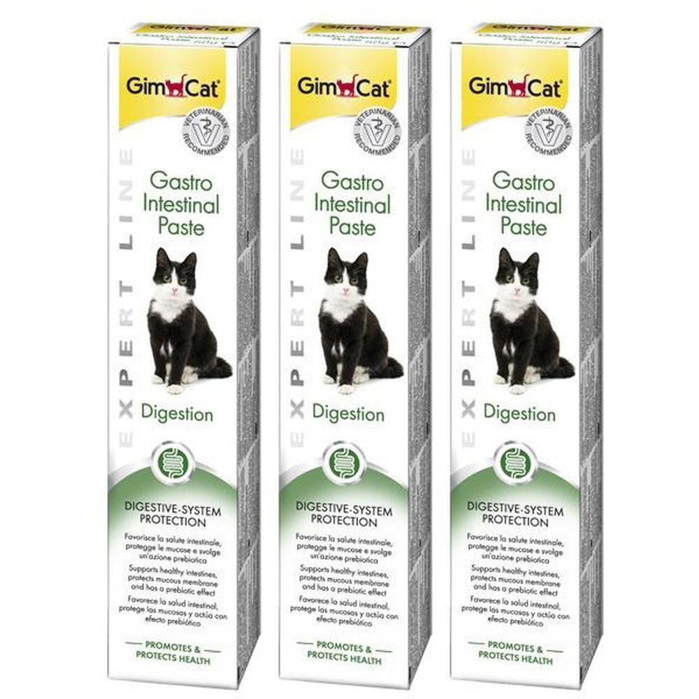 Tre confezioni di 'Gastro Intestinal Paste' per gatti, con immagine di un gatto e testo sulla digestione.