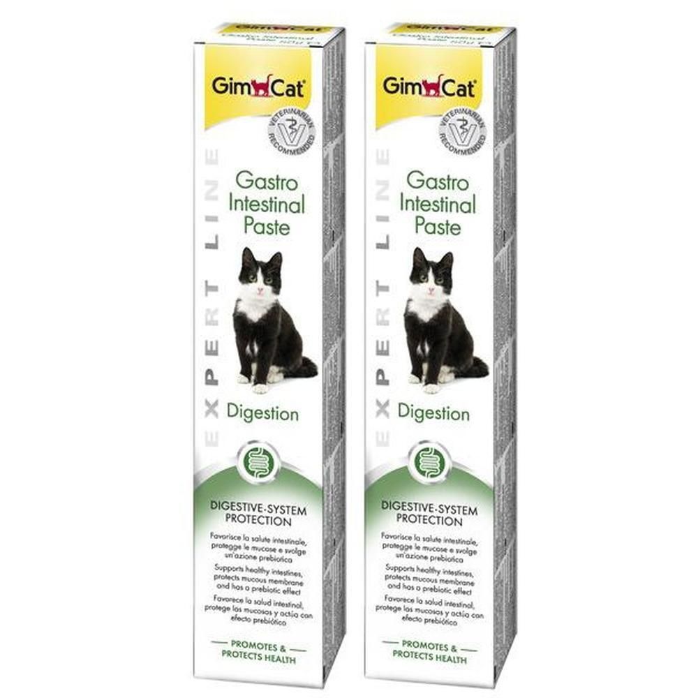 Due scatole GimCat Gastro Intestinal Paste con immagine di gatto e informazioni sulla digestione.