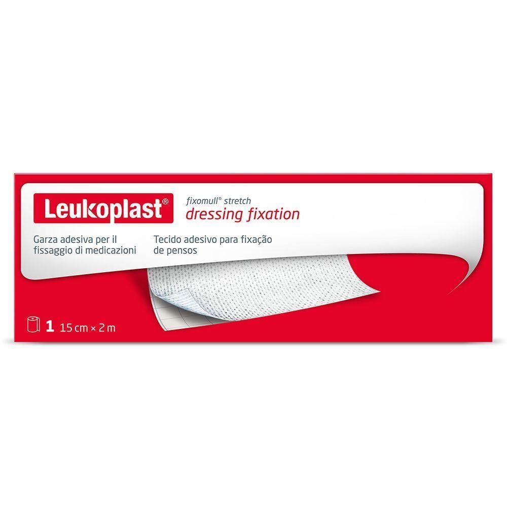 Benda adesiva Leukoplast Fixomull Stretch, 15 cm x 2 m, su scatola rossa.