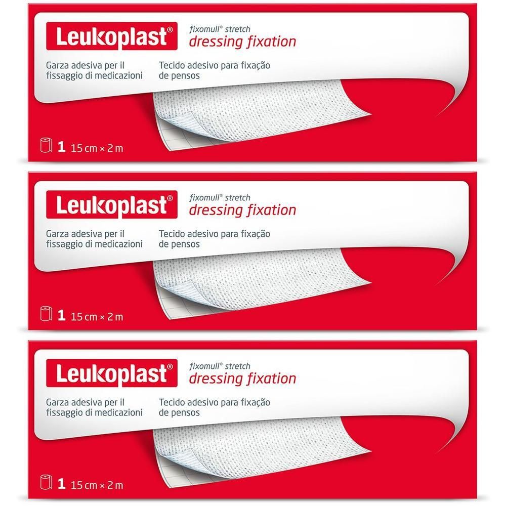 Tre confezioni di Leukoplast Fixomull Stretch, 15 cm x 2 m, garza adesiva per fissaggio medicazioni.