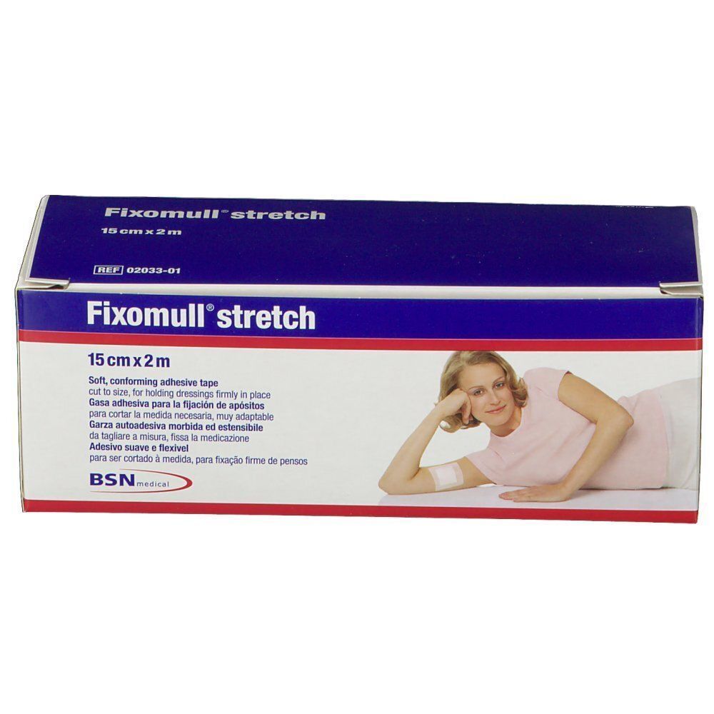 Confezione di Leukoplast Fixomull Stretch, 15 cm x 2 m, con immagine di donna con medicazione.