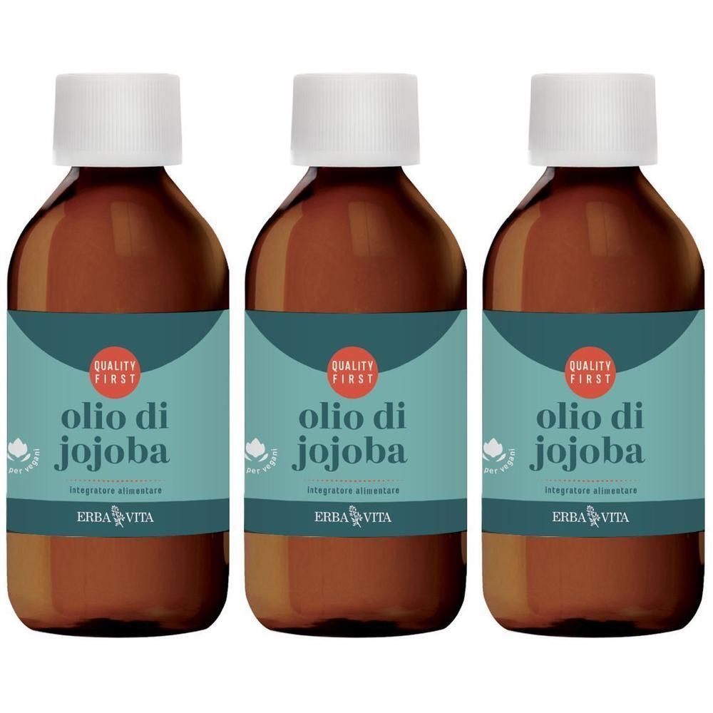 Tre bottiglie di olio di jojoba con tappi bianchi ed etichette turchesi.