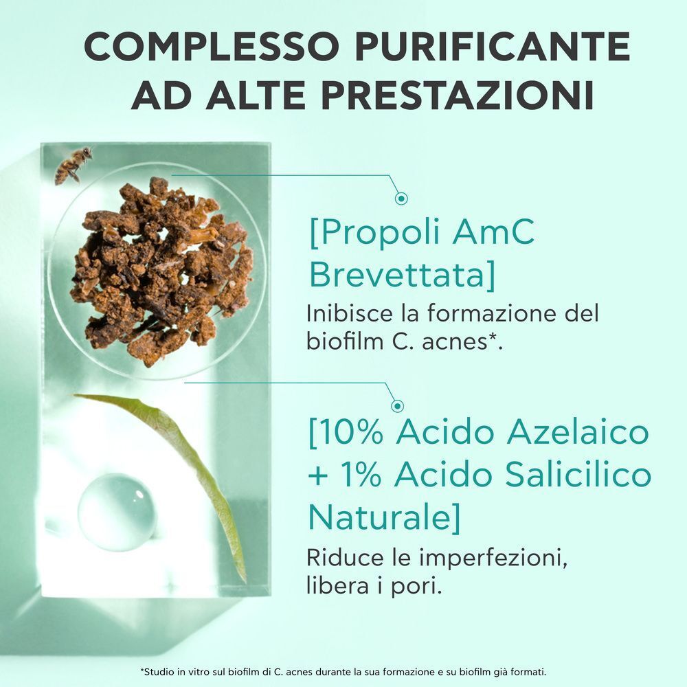 Primo piano del complesso di propoli e acido azelaico. Testo in italiano sugli ingredienti.