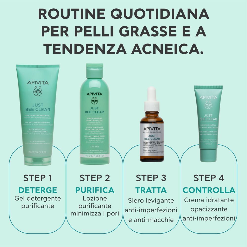 Quattro prodotti Apivita Just Bee Clear in una routine quotidiana. Testo in italiano.