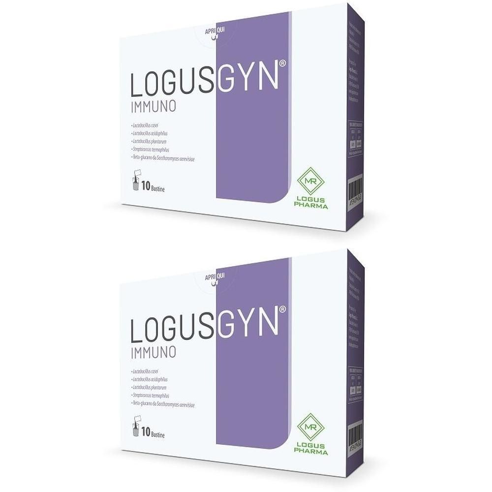 Due confezioni di Logusgyn Immuno, ciascuna da 10 bustine. Scatole bianche con accenti viola e informazioni sul prodotto.
