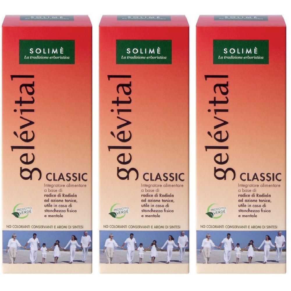 Tre confezioni di Gelevital Classic con logo Solimè. Gradazioni di colore rosso e arancione sulle confezioni.