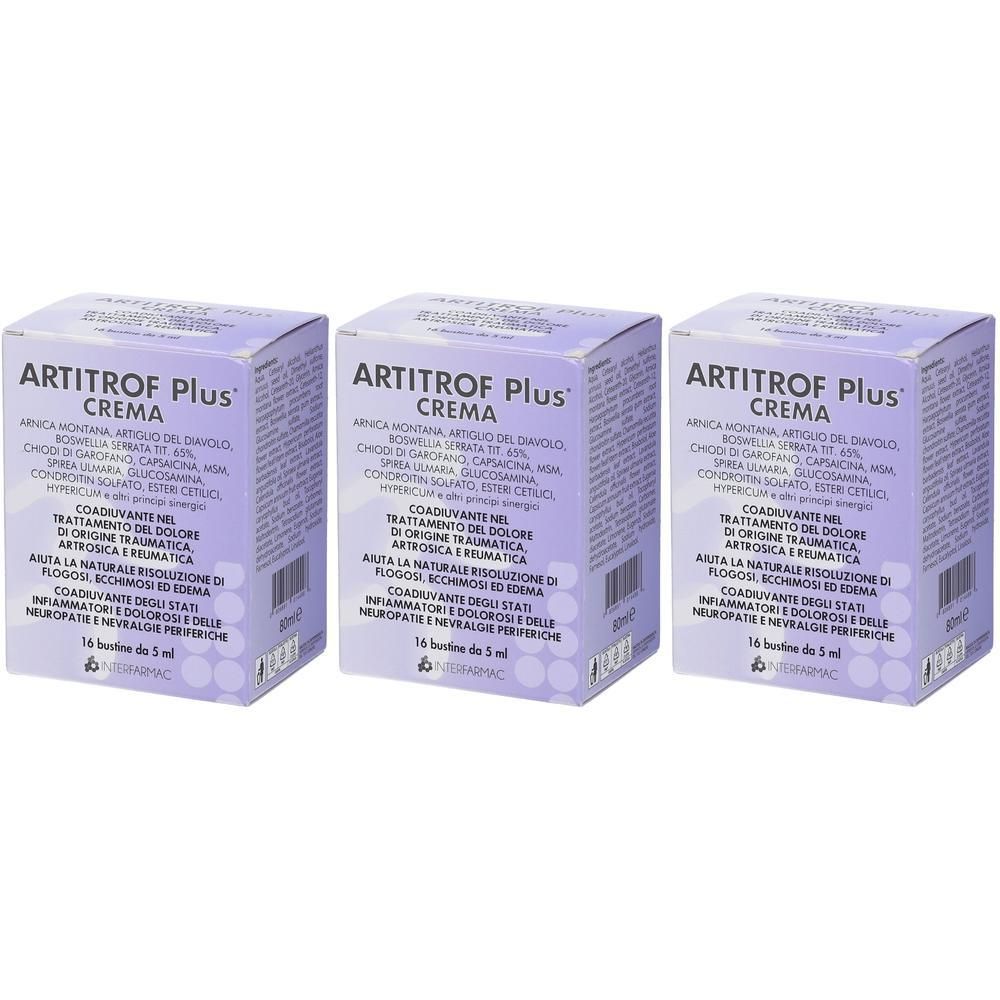 Tre scatole di Artitrof Plus Crema, ciascuna contiene 16 bustine da 5 ml.