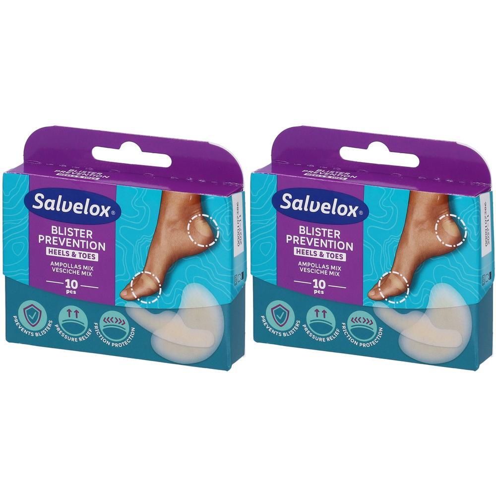 Due confezioni di cerotti Salvelox per talloni e dita, 10 pezzi per confezione.