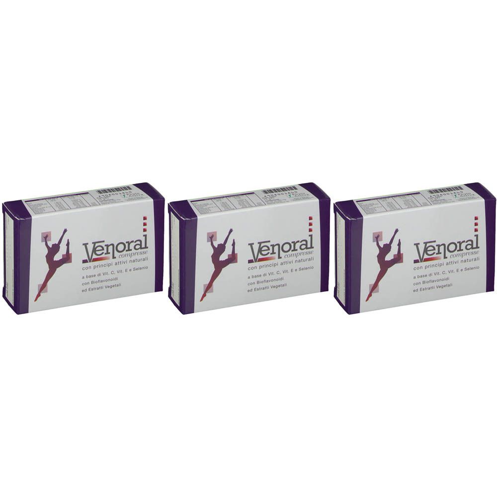 Tre confezioni di Venoral Compresse con design viola e bianco e una figura stilizzata.