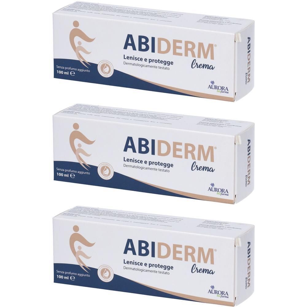 Tre confezioni di Abiderm Crema, 100 ml, con dicitura testato dermatologicamente.