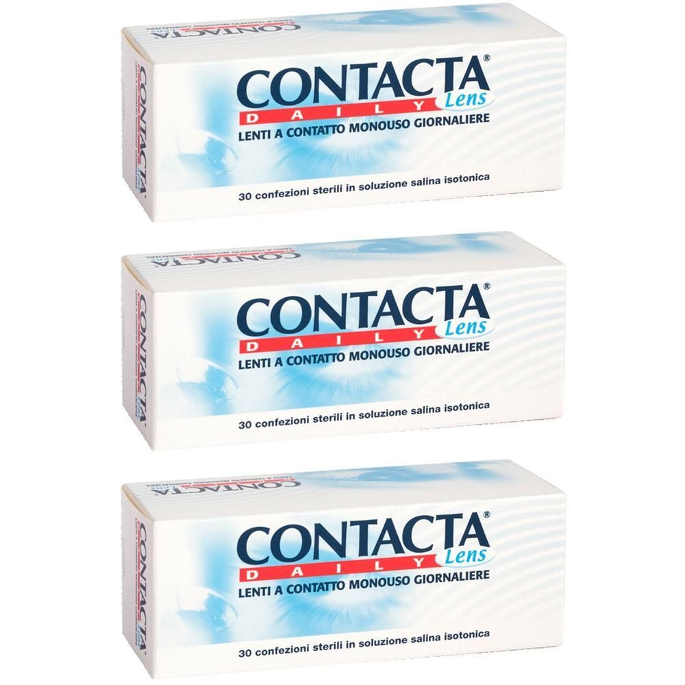 Tre confezioni di lenti a contatto Contacta Daily Lens. Ogni scatola contiene 30 lenti sterili in soluzione salina isotonica.