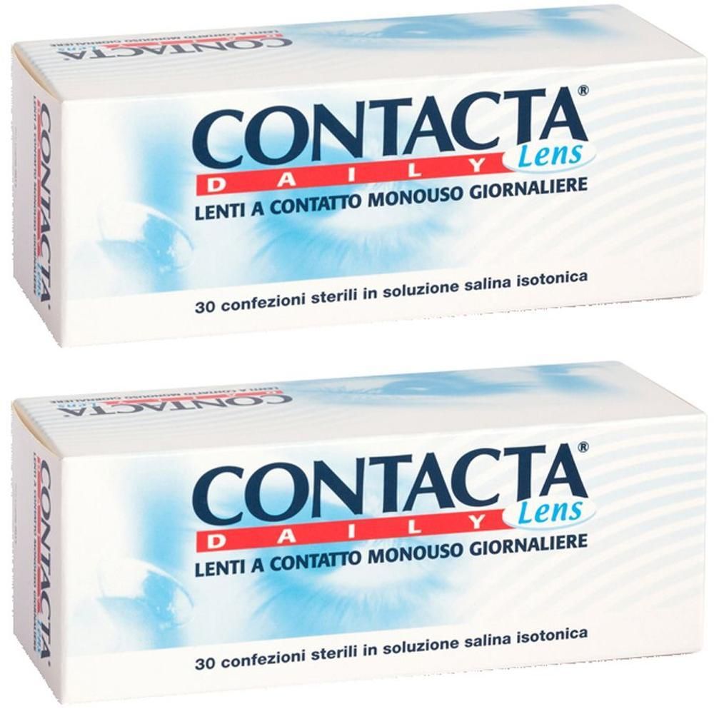 Due confezioni di lenti a contatto Contacta Daily Lens. Ogni confezione contiene 30 lenti sterili in soluzione salina isotonica.