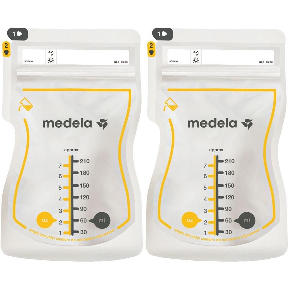 Due sacche per la conservazione del latte materno Medela con scala graduata in ml e oz. Bianco con accenti gialli.