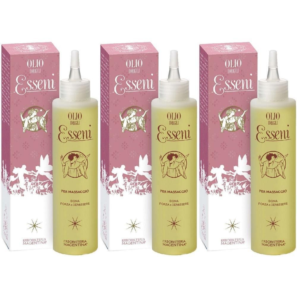 Tre flaconi di Esseni Olio Degli Esseni con applicatore e scatole. Olio giallo, scatole rosa con motivo angelico.
