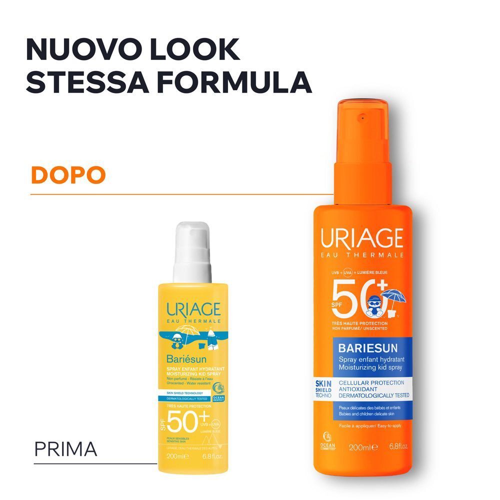 Confronto tra il vecchio e il nuovo design di URIAGE BARIESUN Spray Bambini SPF50+.