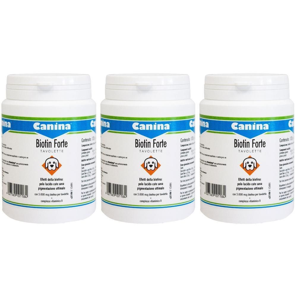 Tre barattoli Canina Biotin Forte Tavolette. Ogni barattolo contiene 30 compresse.