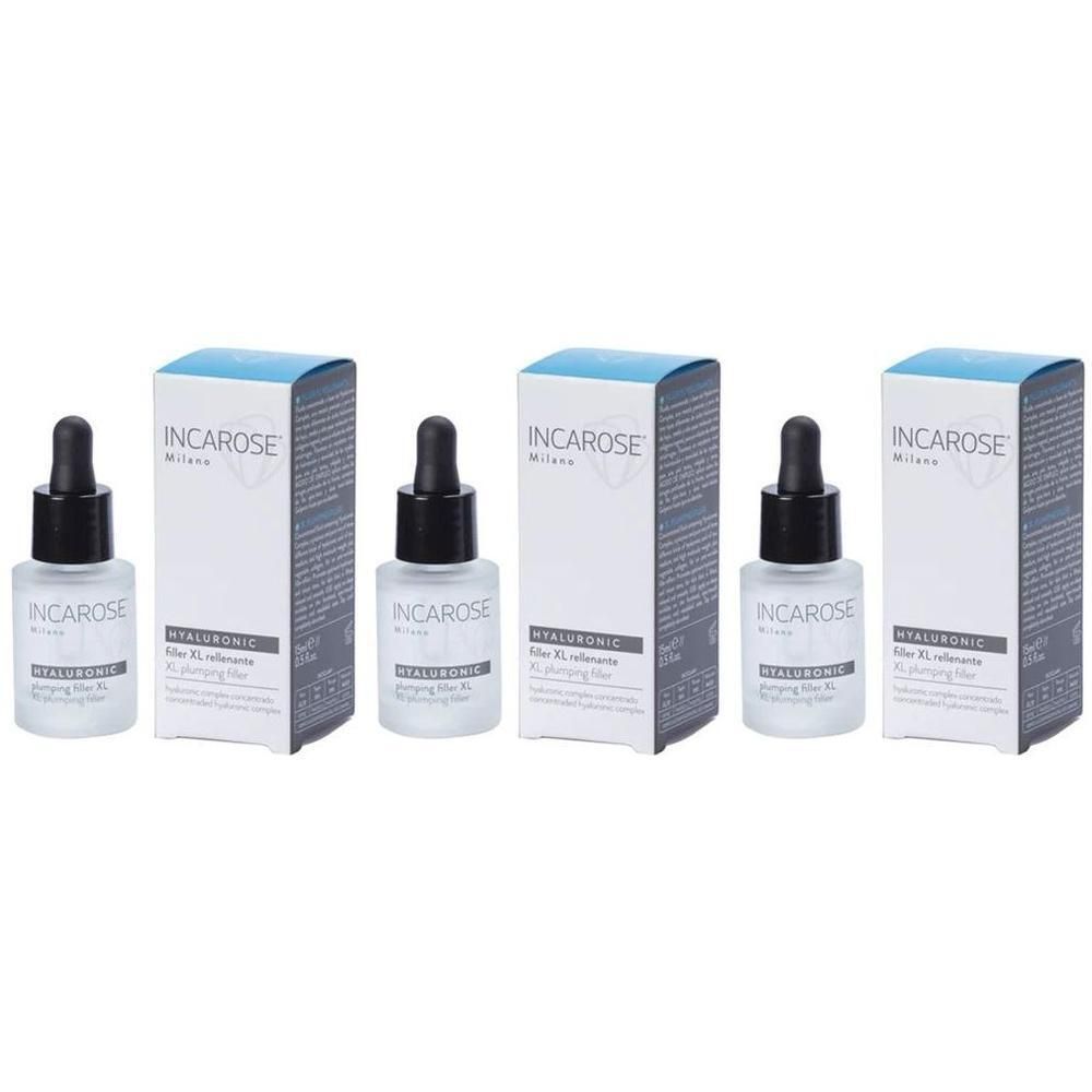 Tre flaconi Incarose Hyaluronic Siero Viso con contagocce e scatole. Liquido limpido.