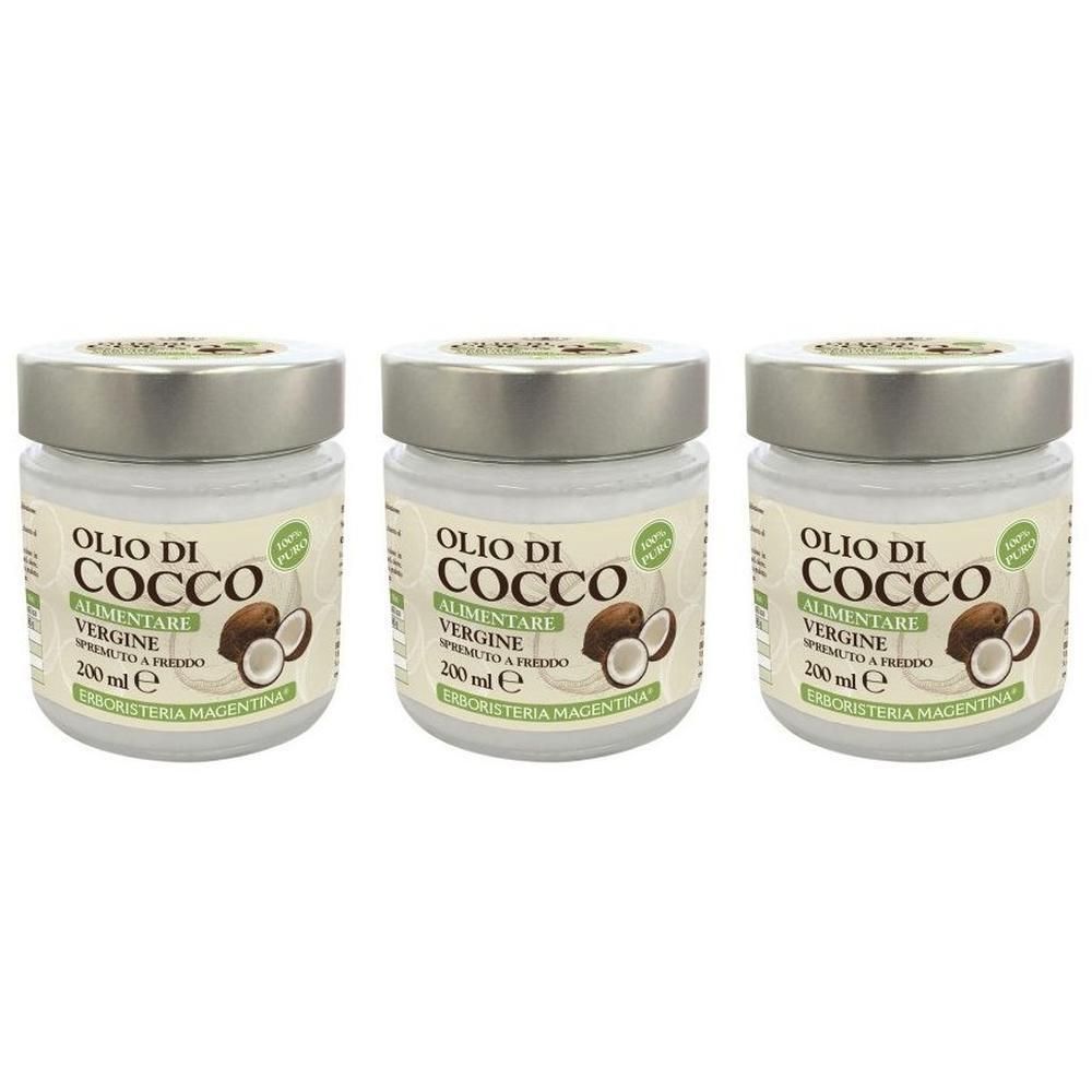 Tre barattoli di olio di cocco, 200 ml ciascuno, con etichetta raffigurante noci di cocco.