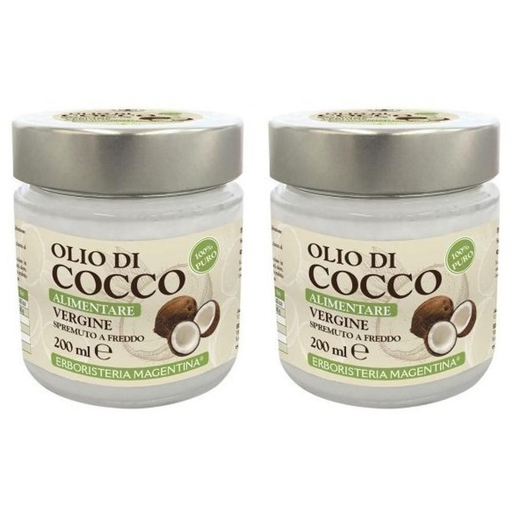 Due vasetti di olio di cocco, 200 ml, etichetta 'Olio di Cocco Alimentare Vergine'.