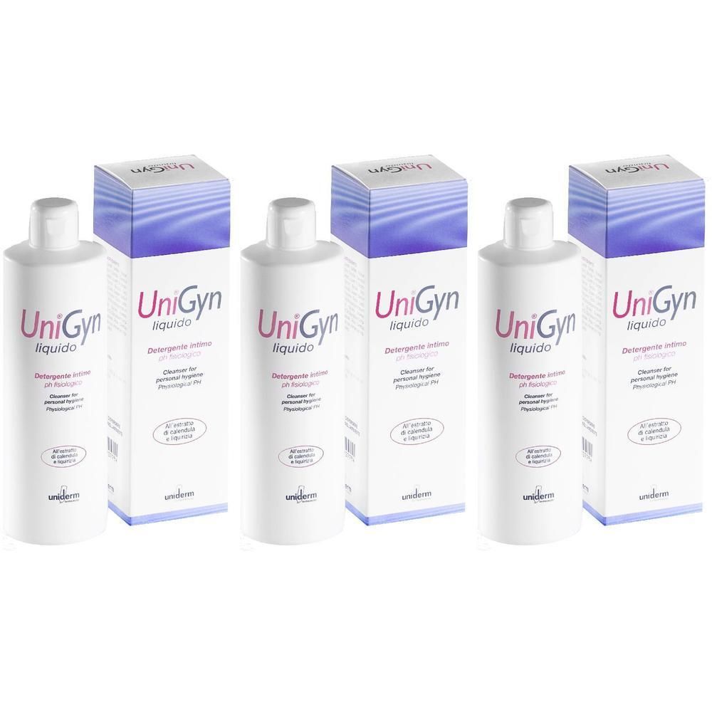 Tre flaconi di detergente liquido UniGyn con scatole.