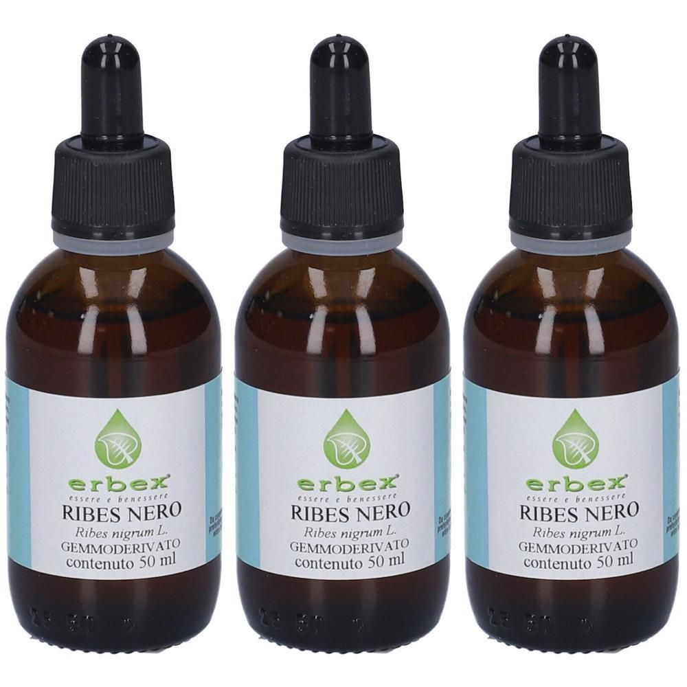 Tre flaconi in vetro ambrato con contagocce, etichetta con 'Erbex Ribes Nero Gemmoderivato'.