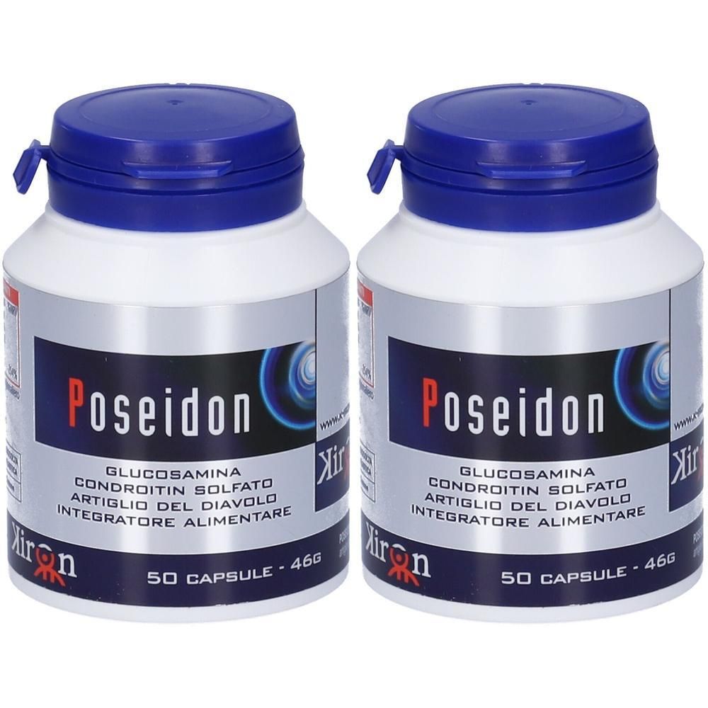 Due contenitori bianchi con tappi blu, contenenti Poseidon Glucosamina. 50 capsule per contenitore.