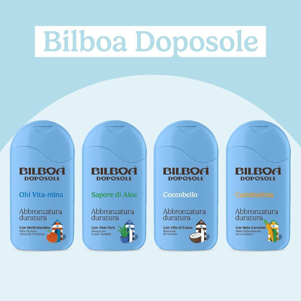 Quattro flaconi blu Bilboa Doposole: Ohi Vita-mina, Sapore di Aloe, Coccolbello, Carottene.