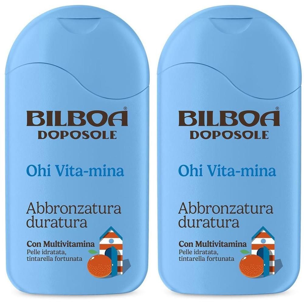 Due flaconi blu Bilboa DopoSole con scritta Multivitaminico e motivo arancia.