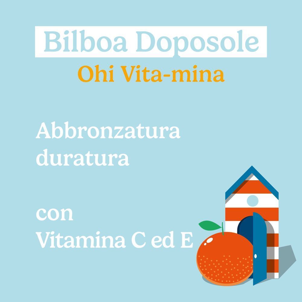 Flacone Bilboa DopoSole 'Ohi Vita-mina' con scritta 'Abbronzatura duratura' e Vitamina C, E.