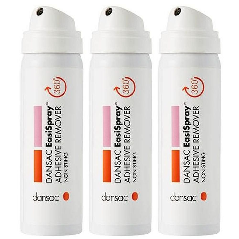 Tre bombolette spray DANSAC EasiSpray per rimuovere adesivi. Con simbolo 360° e scritta "NON STING".