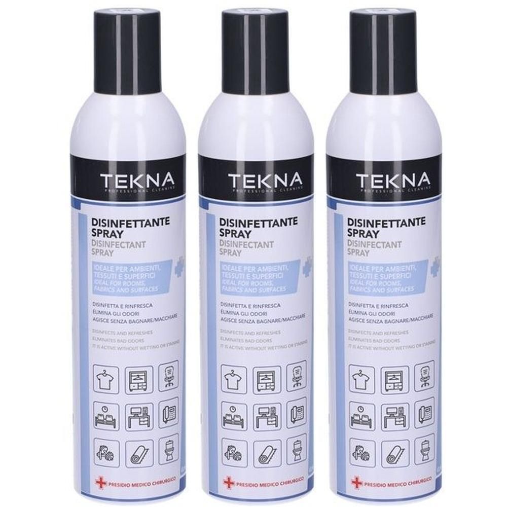 Tre flaconi di spray disinfettante Tekna con tappi neri ed etichette bianche che mostrano aree di applicazione.
