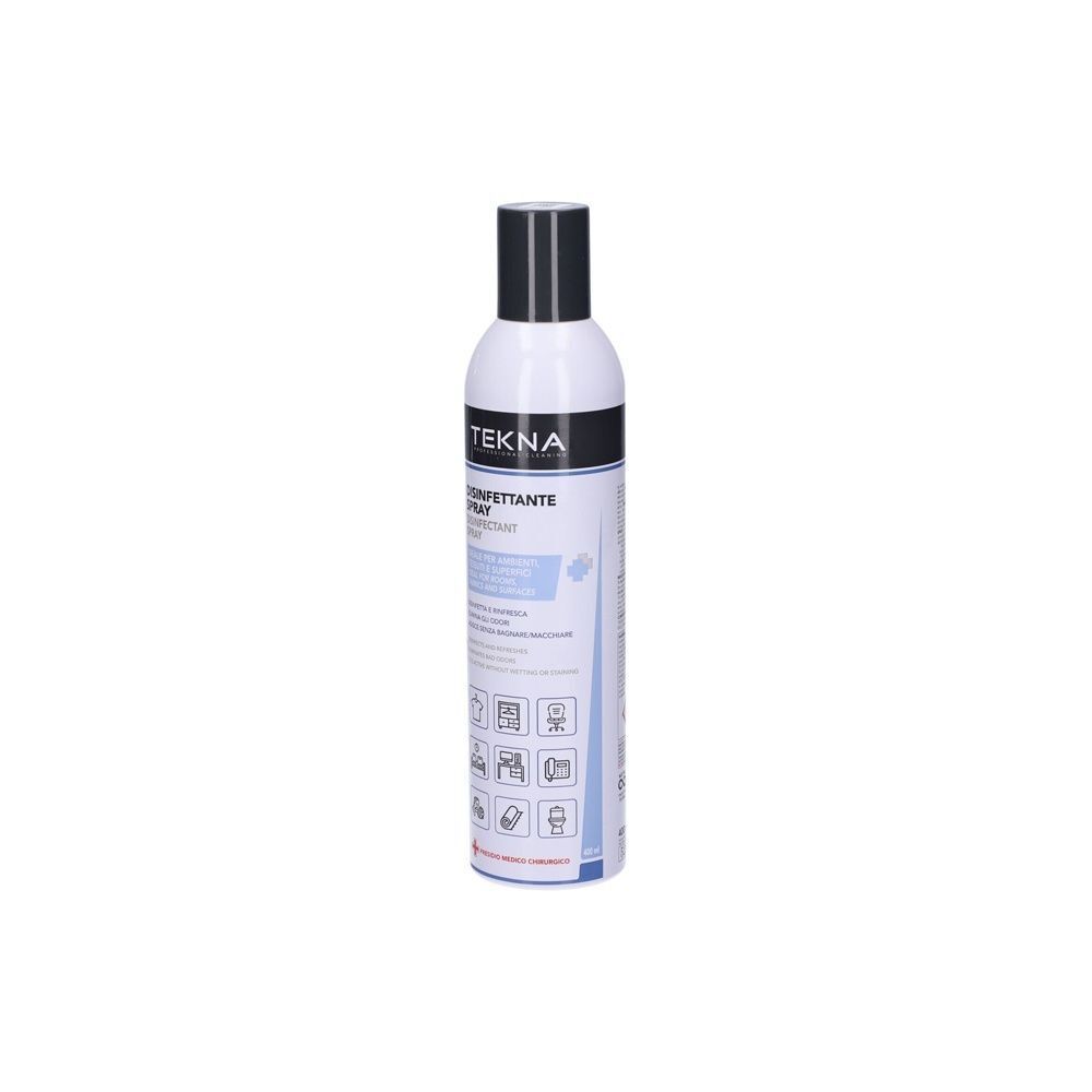 Un flacone Tekna Disinfettante Spray, bianco con tappo nero. Etichettatura in italiano e inglese.
