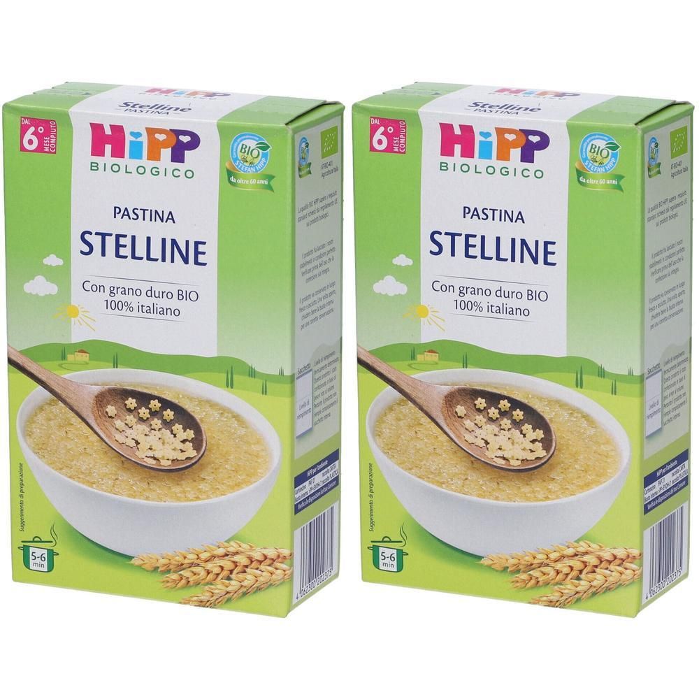 Due confezioni di pasta bio Hipp Stelline a forma di stelline, con grano duro.