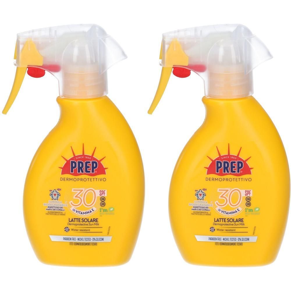 Due flaconi spray gialli di latte solare SPF 30.