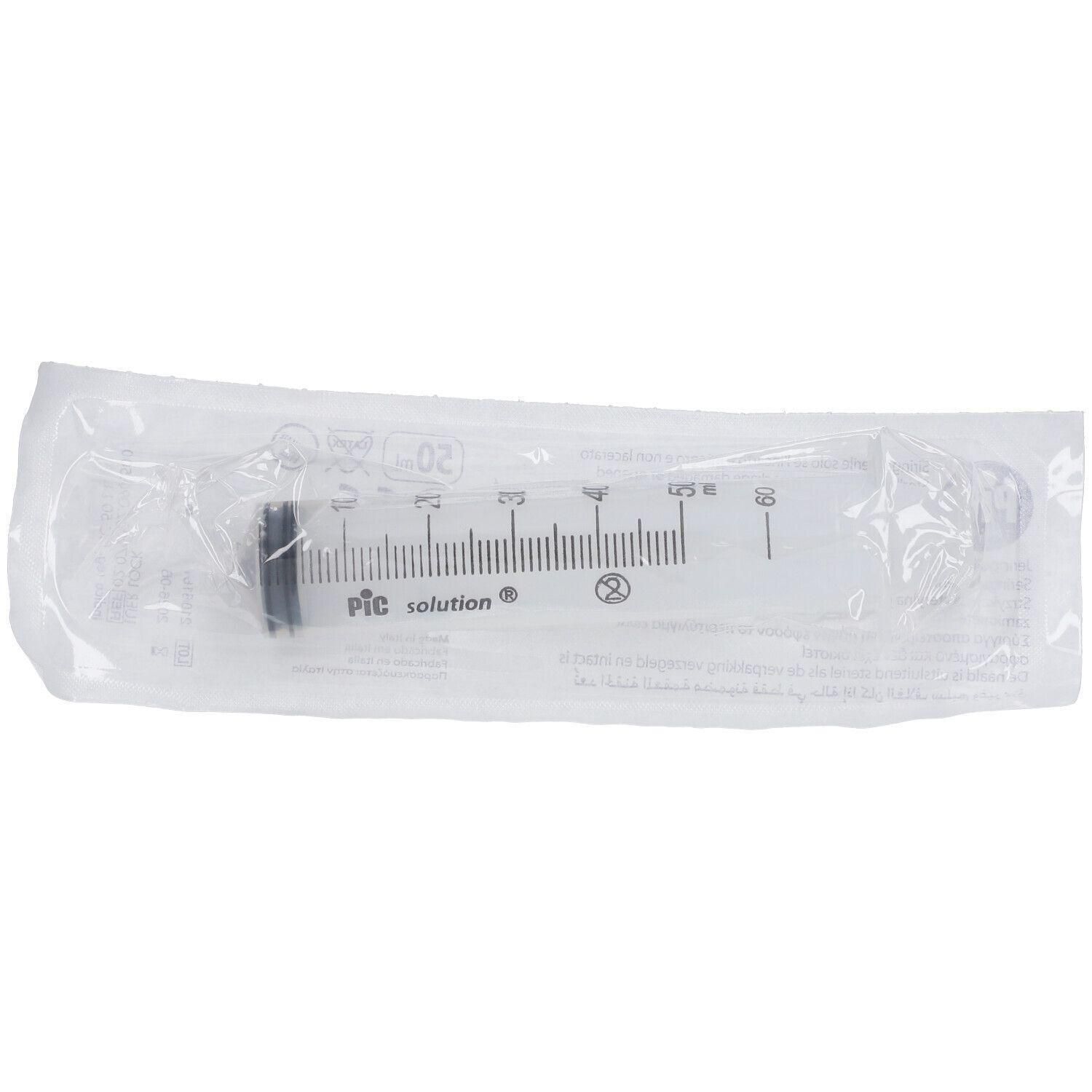 Siringa sterile da 50 ml, senza ago, con marcature in ml e logo "Pic solution".