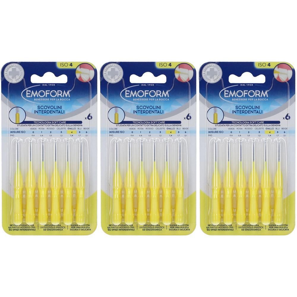 Tre confezioni di scovolini interdentali Emoform, misura 6, con manici gialli e setole argentate.