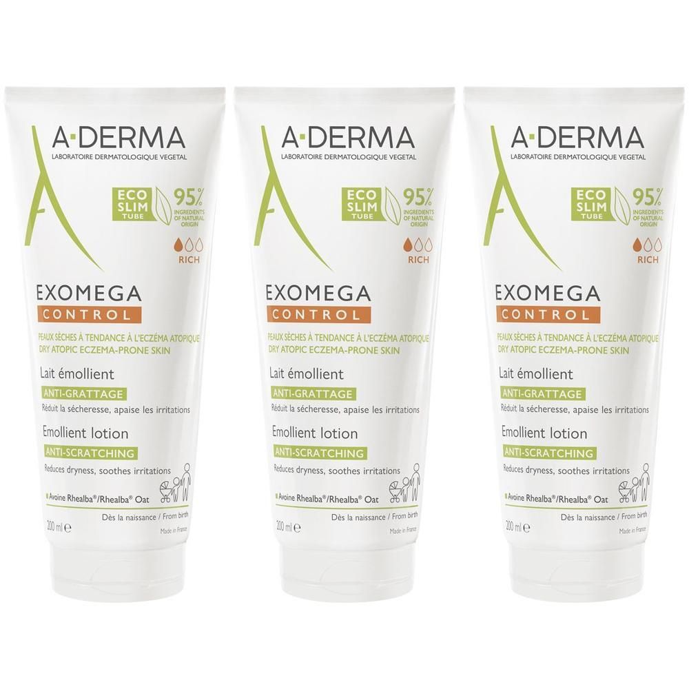 Tre tubi di A-Derma Exomega Control Latte Emolliente per pelli secche.