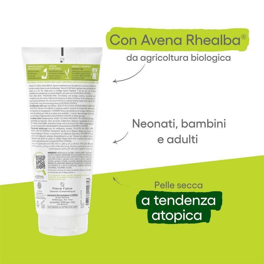 Retro del Latte Emolliente A-Derma Exomega Control con Avena Rhealba Bio.