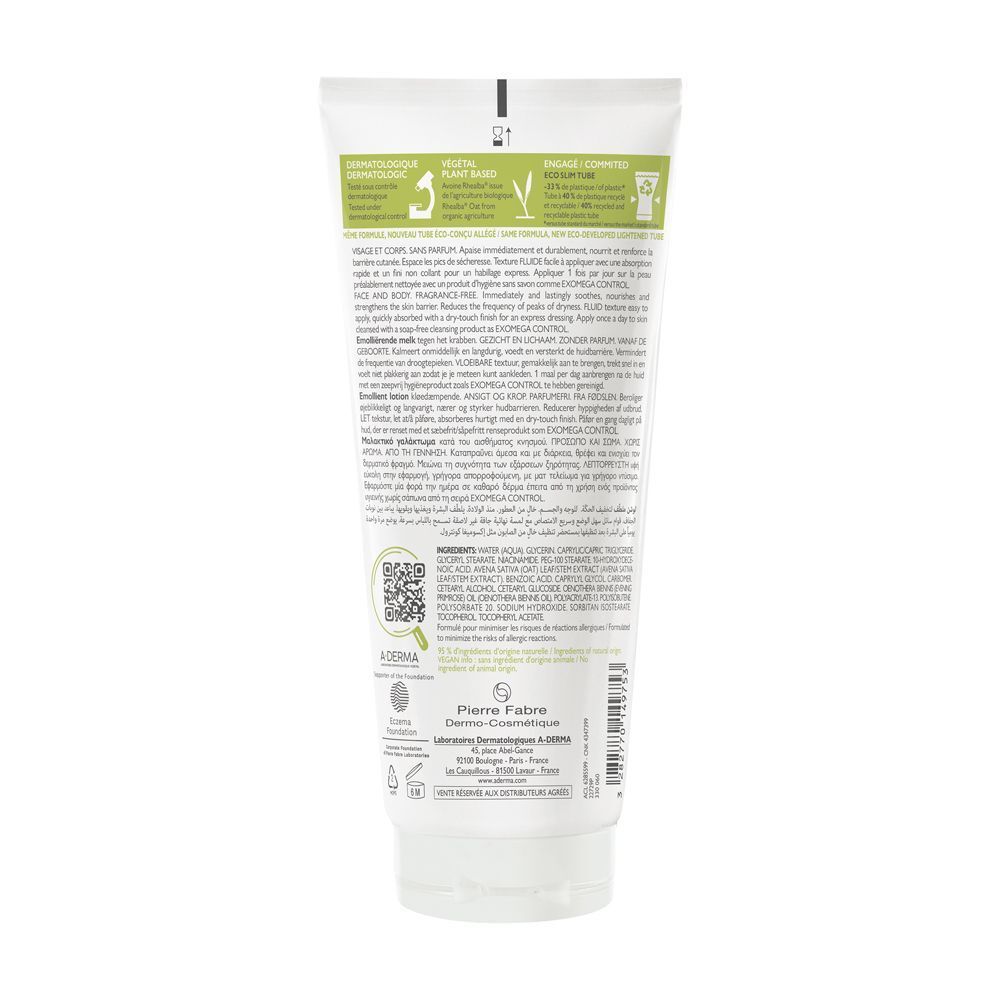 Retro del Latte Emolliente A-Derma Exomega Control: ingredienti e QR code.