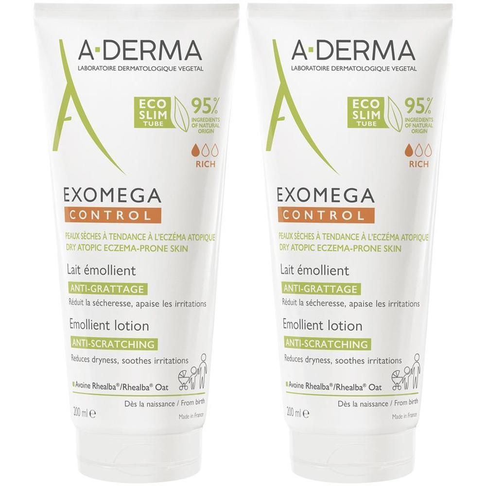Due tubi di A-Derma Exomega Control Latte Emolliente.