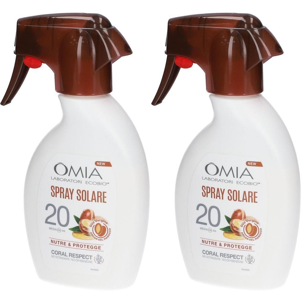Due flaconi OMIA Spray Solare SPF 20 Argan del Marocco con erogatore spray.