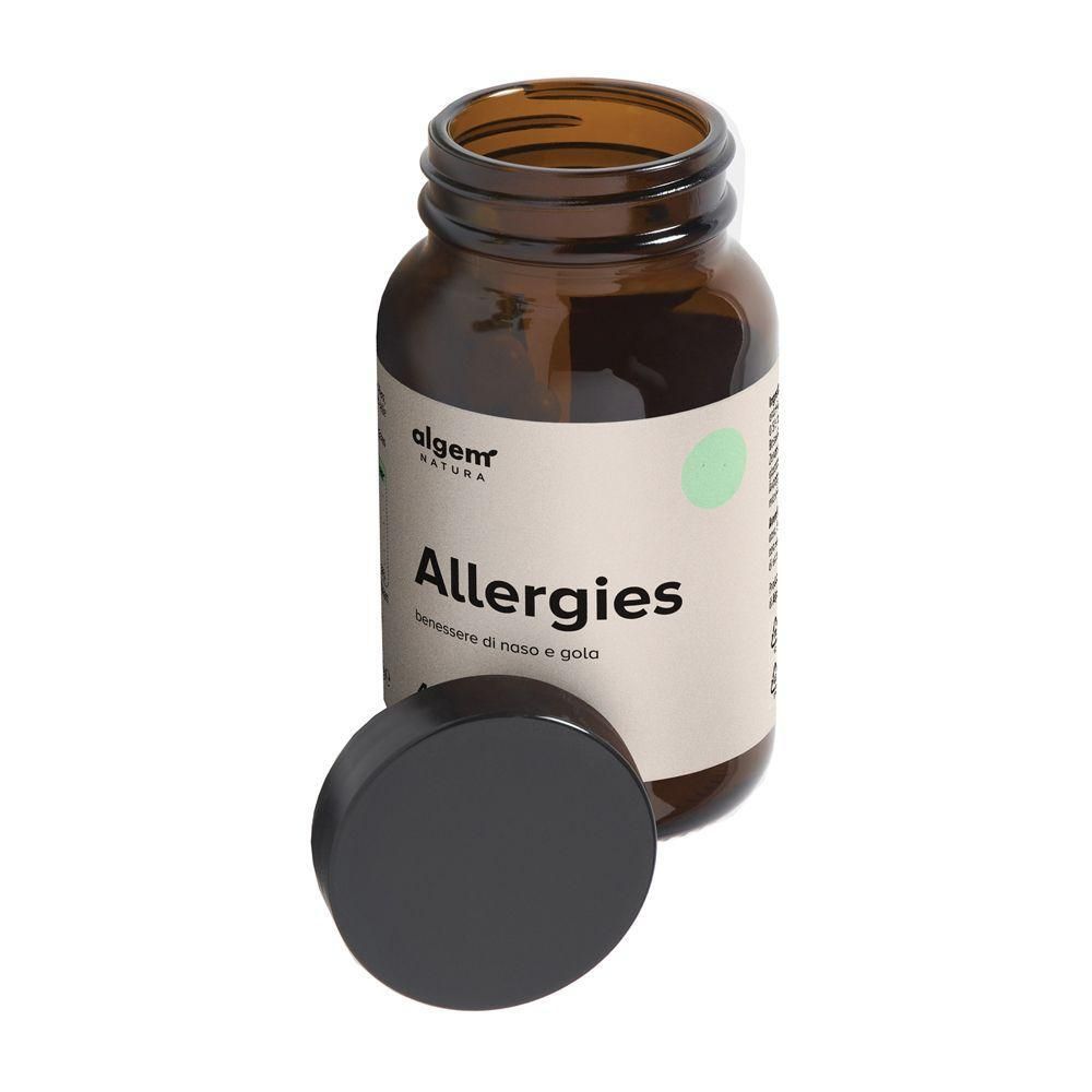 Flacone in vetro ambrato con tappo nero, etichetta "Algem Allergies".
