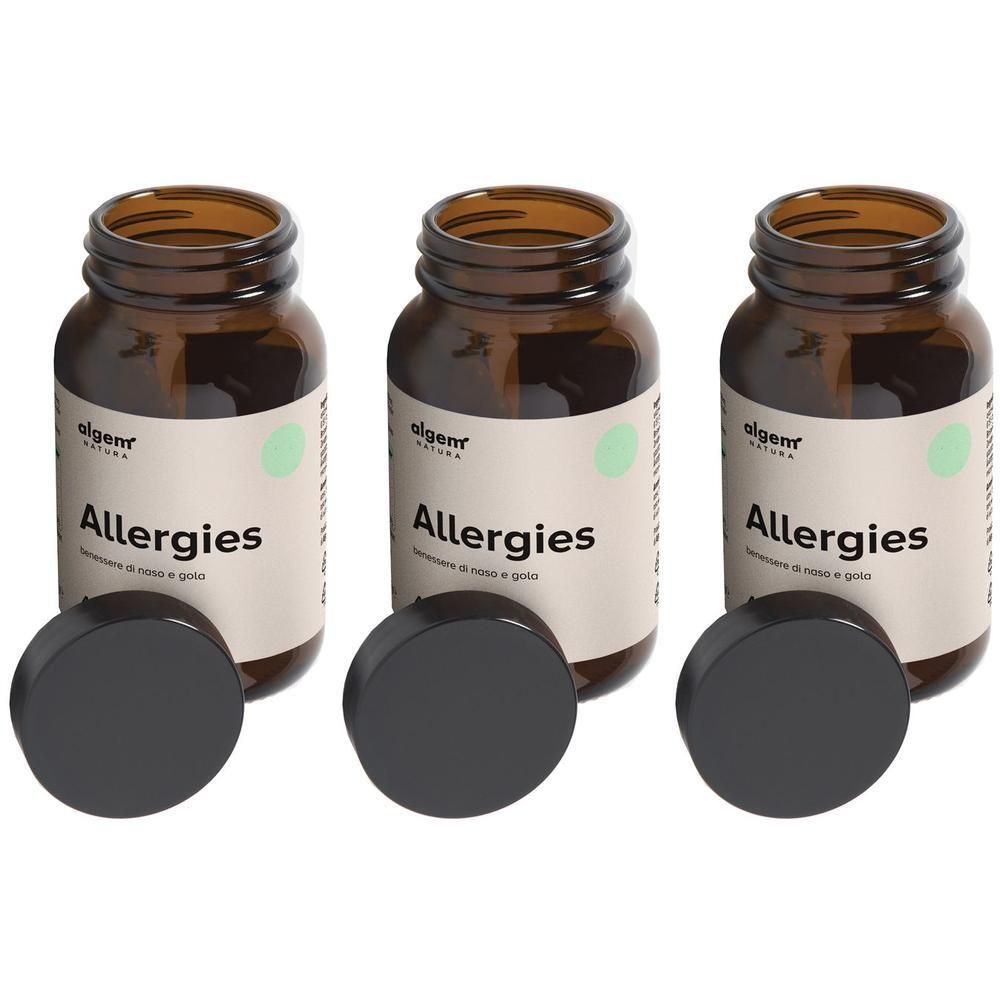Tre flaconi in vetro ambrato con tappi neri, etichettati 'Algem Allergies'.