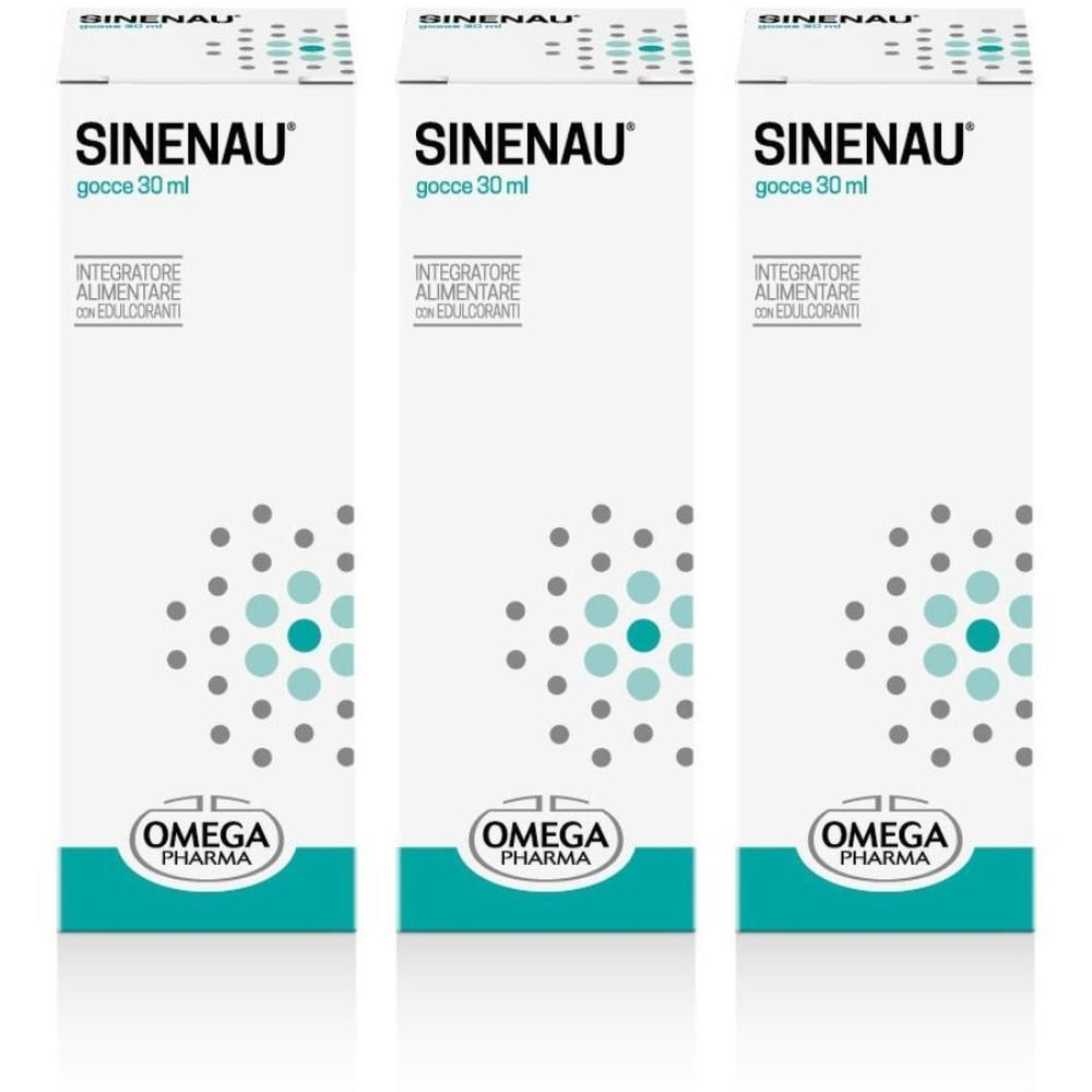 Tre confezioni di SINENAU® Gocce 30ml con logo Omega Pharma.